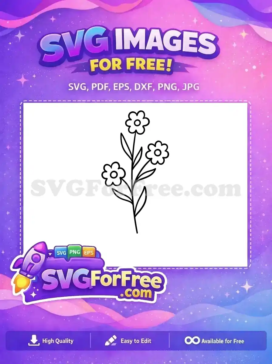 A free minimalist outline SVG of a flower stem with three simple blossoms and leaves, ideal for various crafts.