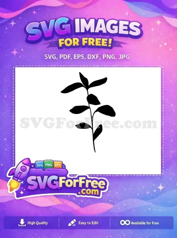 A free elegant black silhouette of a simple plant stem with multiple leaves, ideal for various design projects. Grab this free SVG now!