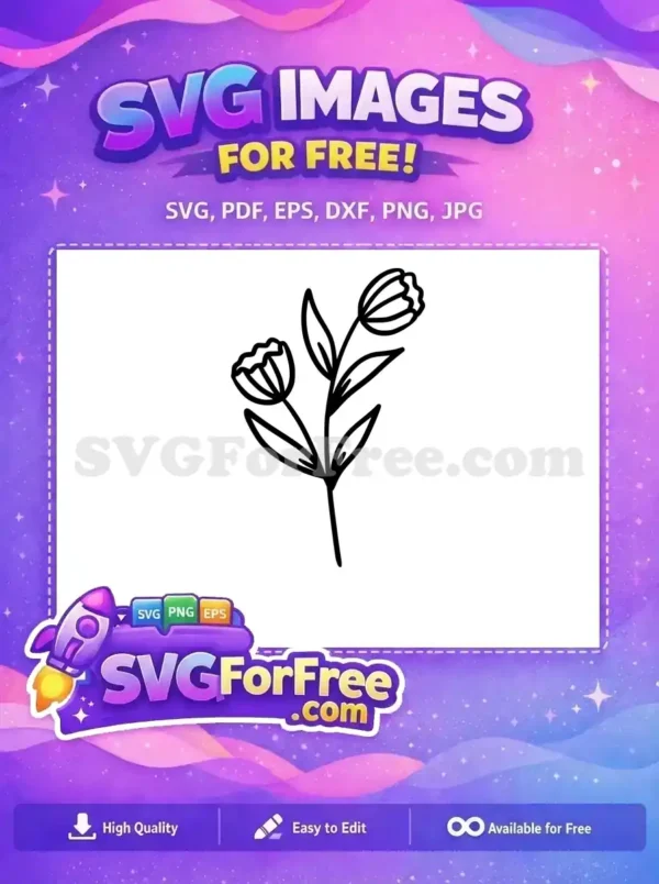 A charming free SVG line art drawing of two stylized tulip-like flowers on a stem with leaves, perfect for free crafting.