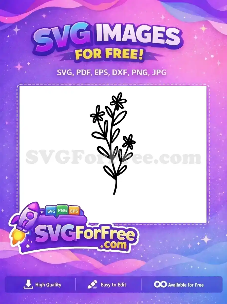 A free SVG outline of a delicate plant stem with multiple small, simple flowers and leaves, perfect for free crafts.