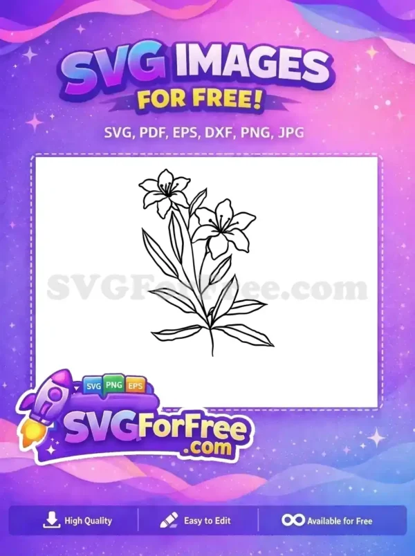 Free Floral Outline SVG – Elegant Lily Flower Design A free line art drawing of two elegant flowers with leaves, ready for your creative projects. Download this free design today!