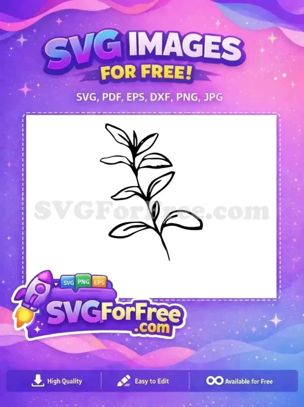 Free Botanical Sprig Design – Hand-Drawn Free SVG Art A free hand-drawn style black and white botanical sprig with leaves, ideal for various free design projects. Grab this free SVG!