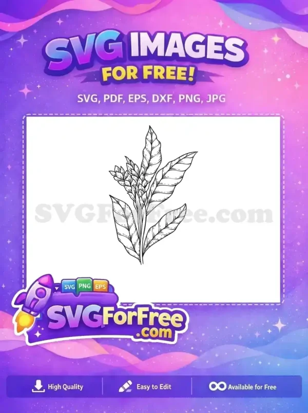Free Botanical Plant SVG – Elegant Line Art Design Download Detailed free botanical line art SVG featuring a vibrant plant with lush leaves and intricate flower buds. A free design download.