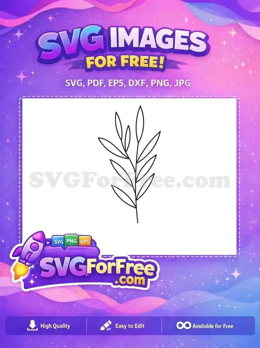 A free minimalist line art SVG of a delicate leafy branch, perfect for nature-inspired designs. This free design is versatile.