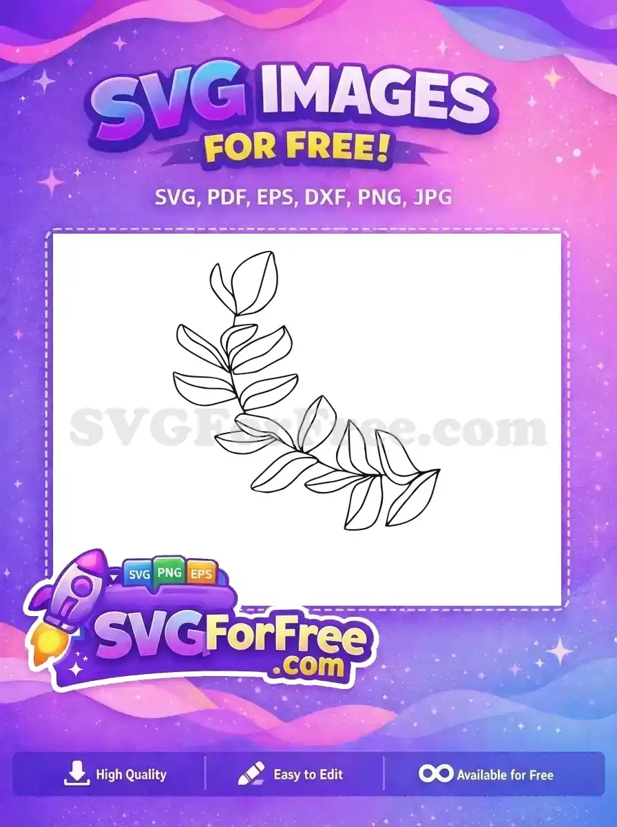 A free elegant botanical line art SVG featuring a flowing leafy branch design, ideal for various crafts. Download this free vector easily.