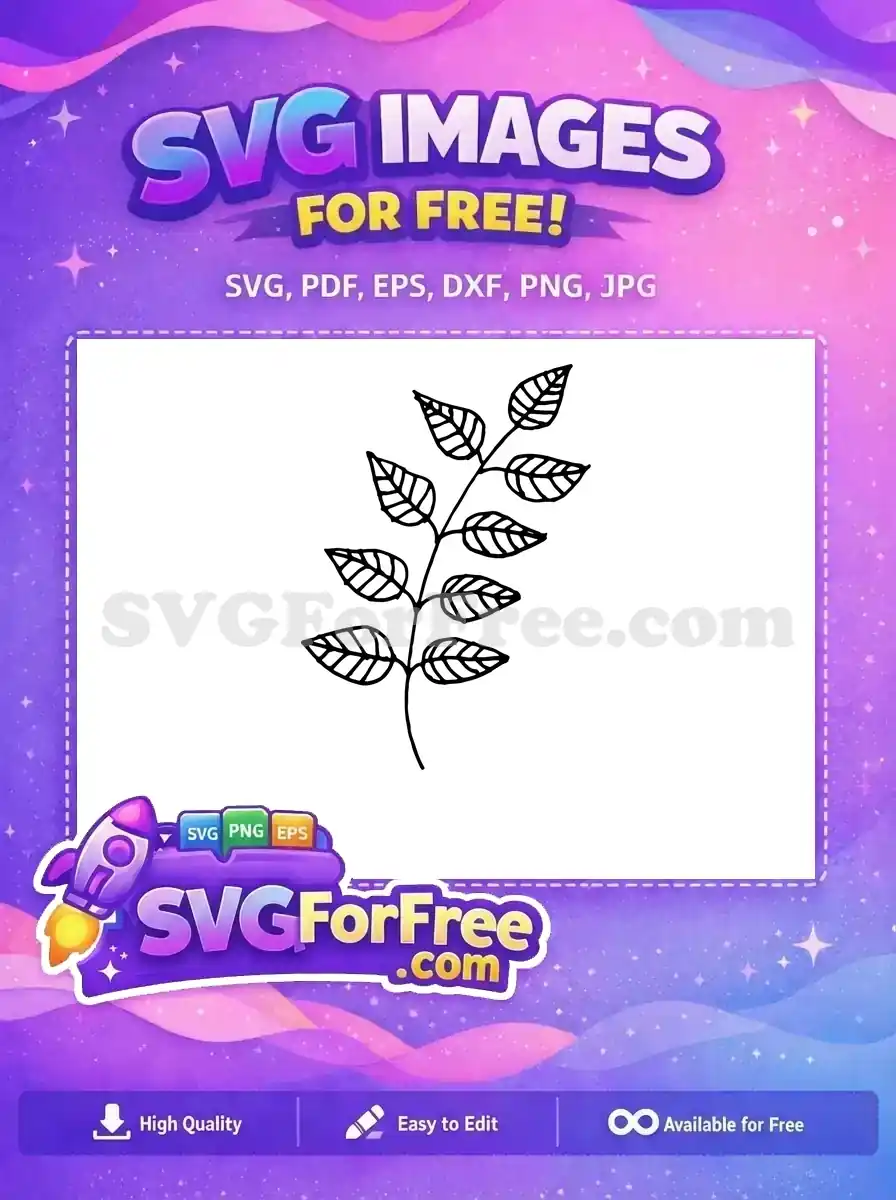 A free simple black outline drawing of a branch with multiple leaves, ideal for nature-themed digital crafts. This free design is versatile.