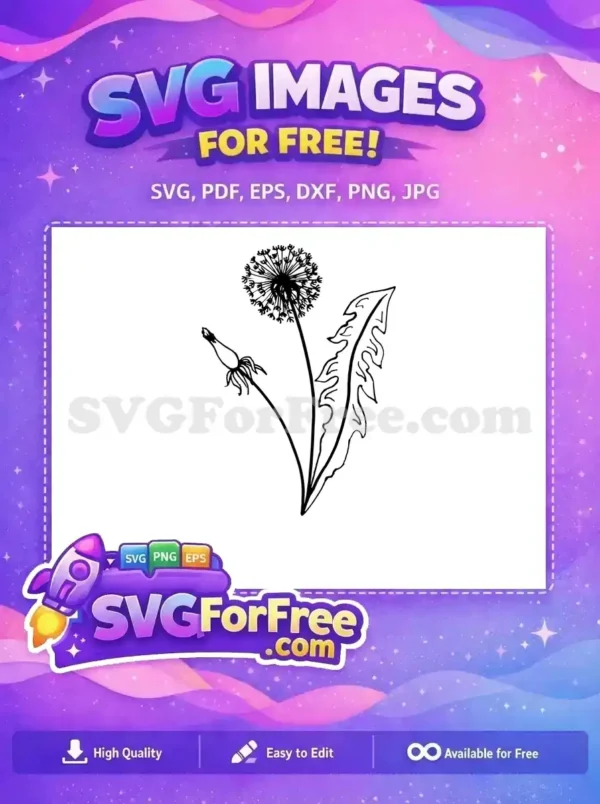Detailed free line art illustration of a dandelion with a puffball, bud, and leaf, ready for your creative free designs.