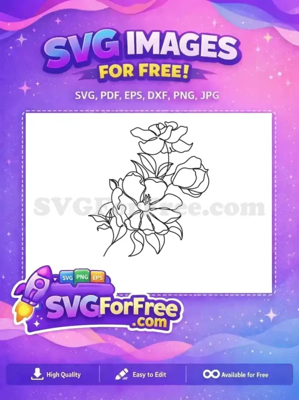 Elegant free line art SVG featuring a blooming bouquet of flowers and leaves, ideal for various design projects. Grab this free floral design today!