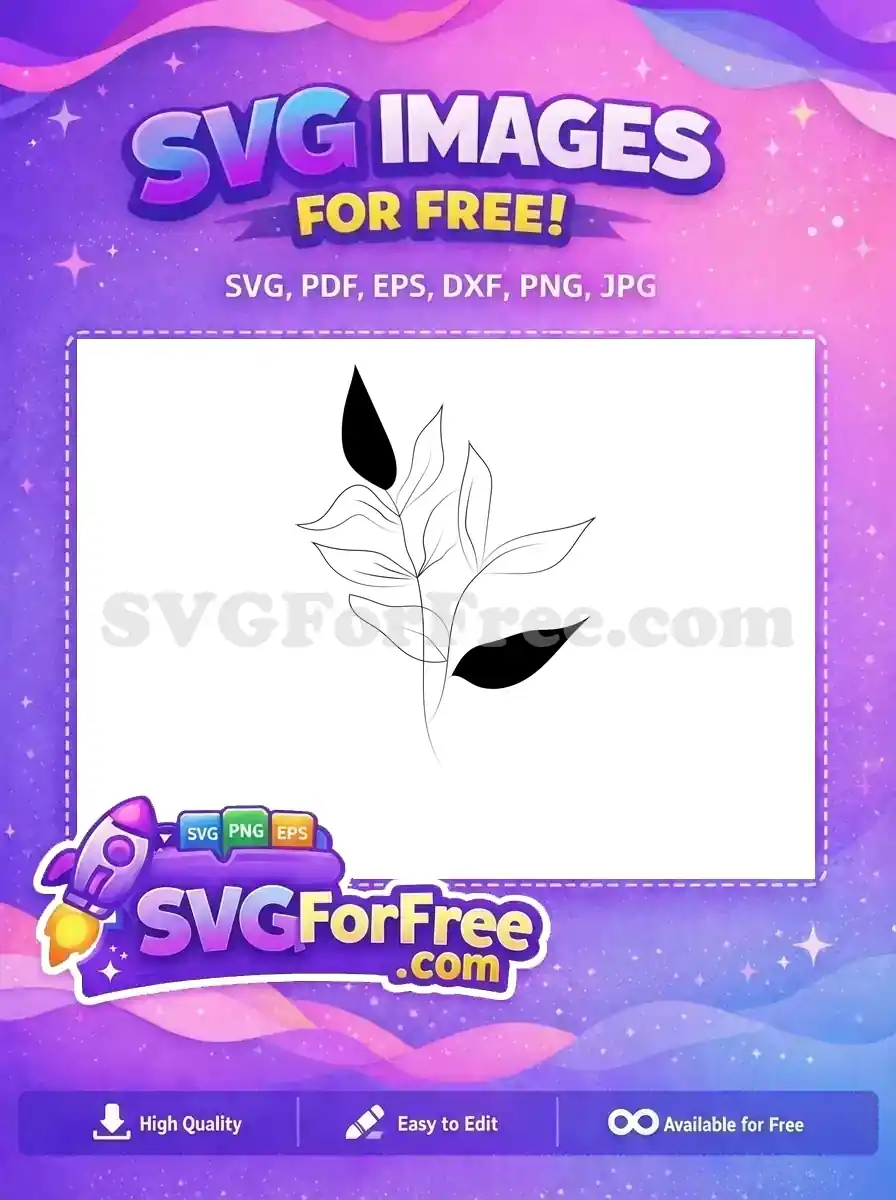 Elegant free botanical line art featuring a plant stem with outlined and solid black leaves, ideal for various free design projects.