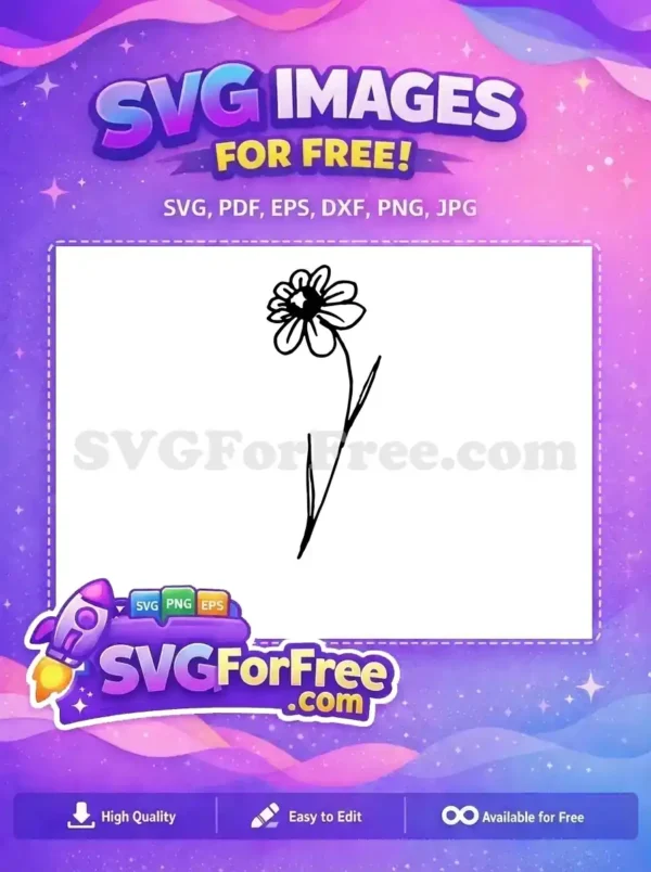 A hand-drawn free flower SVG design featuring a simple daisy-like bloom with a stem and leaves, ideal for various creative free projects.