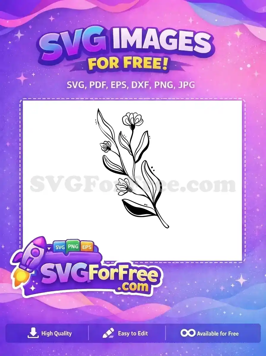 Download this free intricate botanical SVG, showcasing a delicate floral branch with leaves and blossoms. A versatile free design.