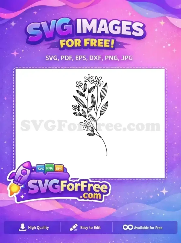Free Floral Line Art SVG – Elegant Botanical Design A beautiful free SVG of a hand-drawn floral sprig with simple flowers and textured leaves, ideal for crafts and decor.