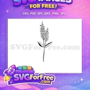 Free black and white line art of a tall botanical plant with a dense flower spike and two leaves. A free design.