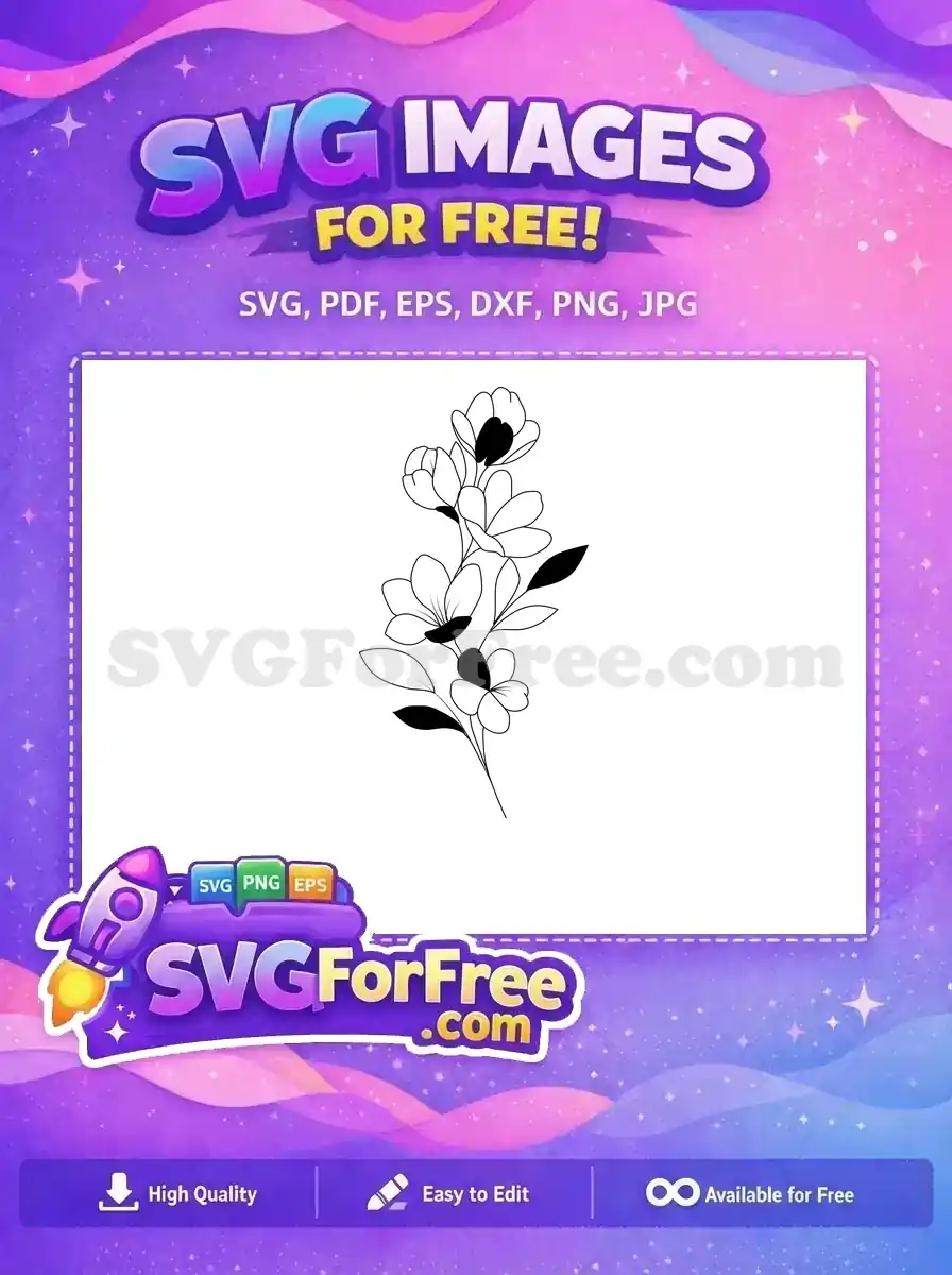 A beautiful free black and white floral SVG design, featuring outlined blooms and leaves, ideal for various crafts. This free vector is highly adaptable.