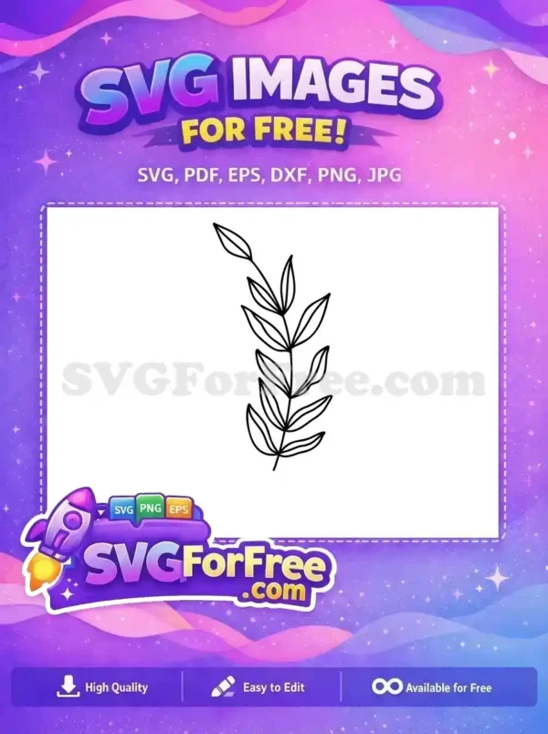 Free Botanical Line Art Branch SVG – Elegant Nature Design A free botanical line art branch design, showcasing a slender stem with multiple outlined leaves. Perfect for natural, elegant projects. Download free!