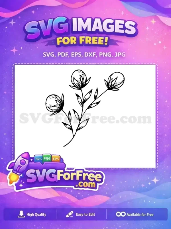 A beautiful free SVG of a minimalist cotton branch with three bolls and leaves, ideal for elegant designs. Download this free botanical art.