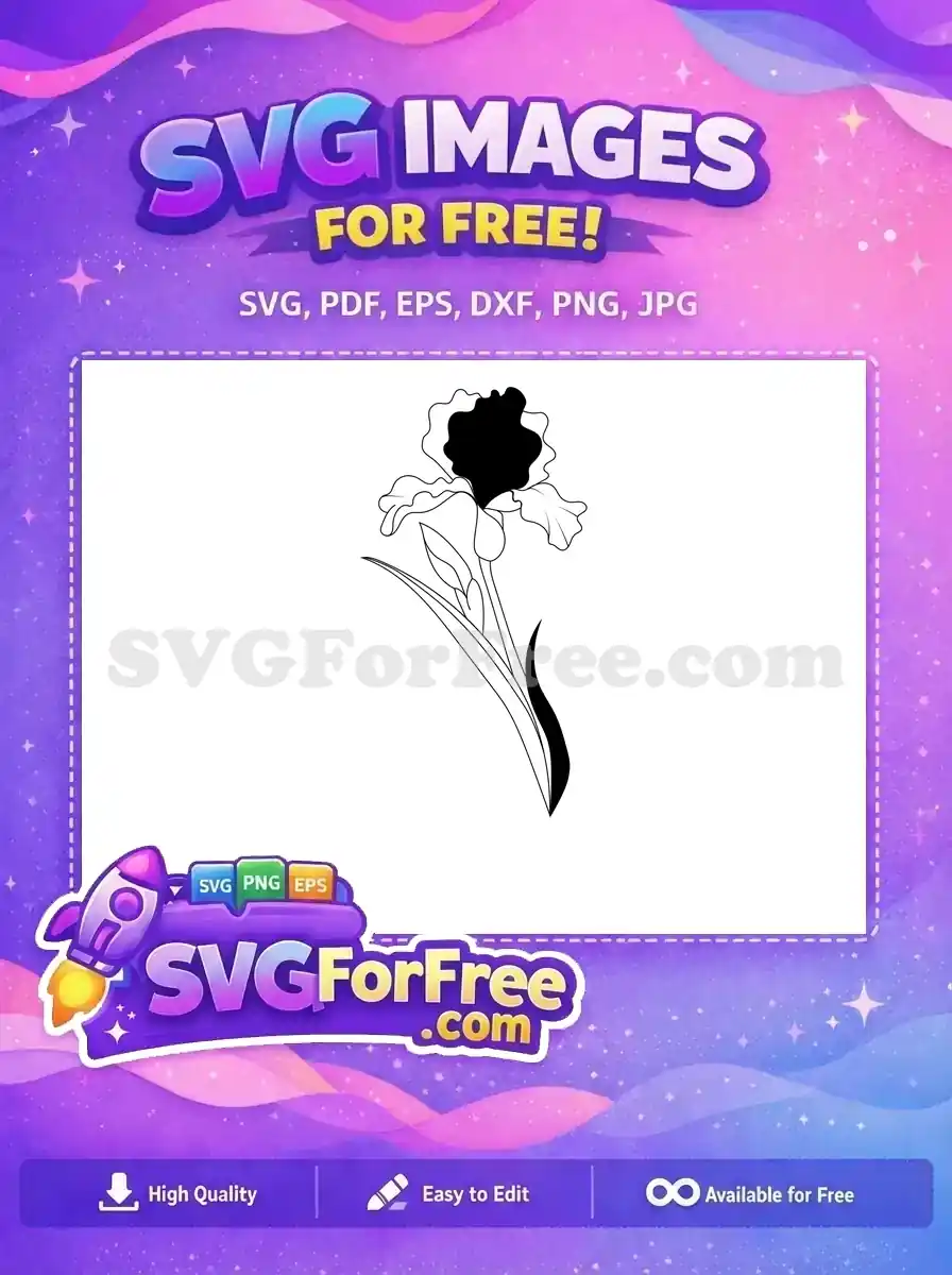 Elegant free Iris flower line art with central black fill, ideal for crafting and decor. A beautiful free design!