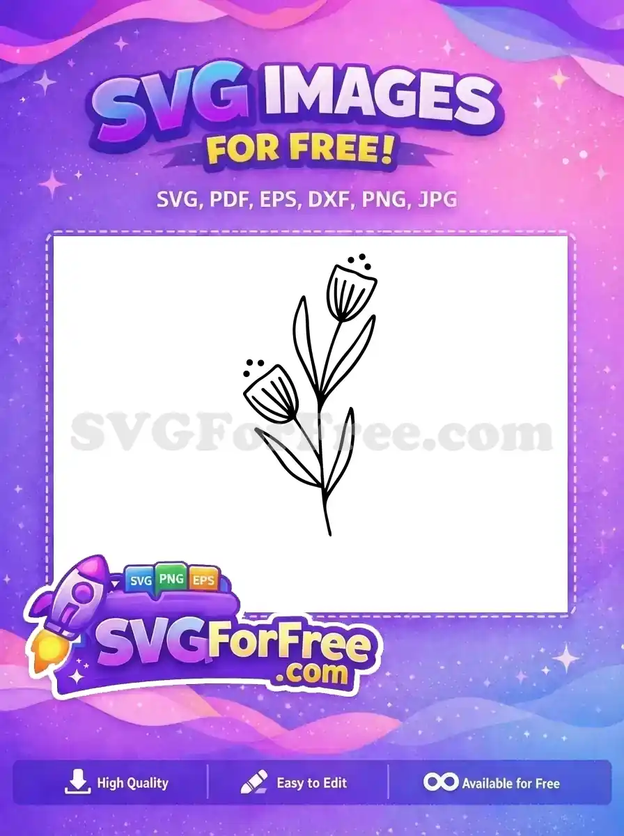 A free line art SVG depicting a stylized floral stem with two bell-shaped flowers and elegant leaves, perfect for crafters.