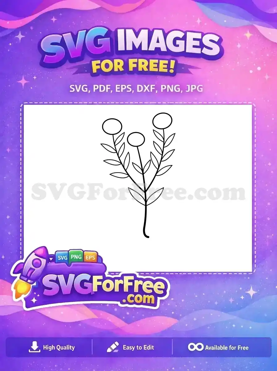 A free plant outline SVG featuring three stems with circular blossoms and simple leaves, ideal for creative projects.