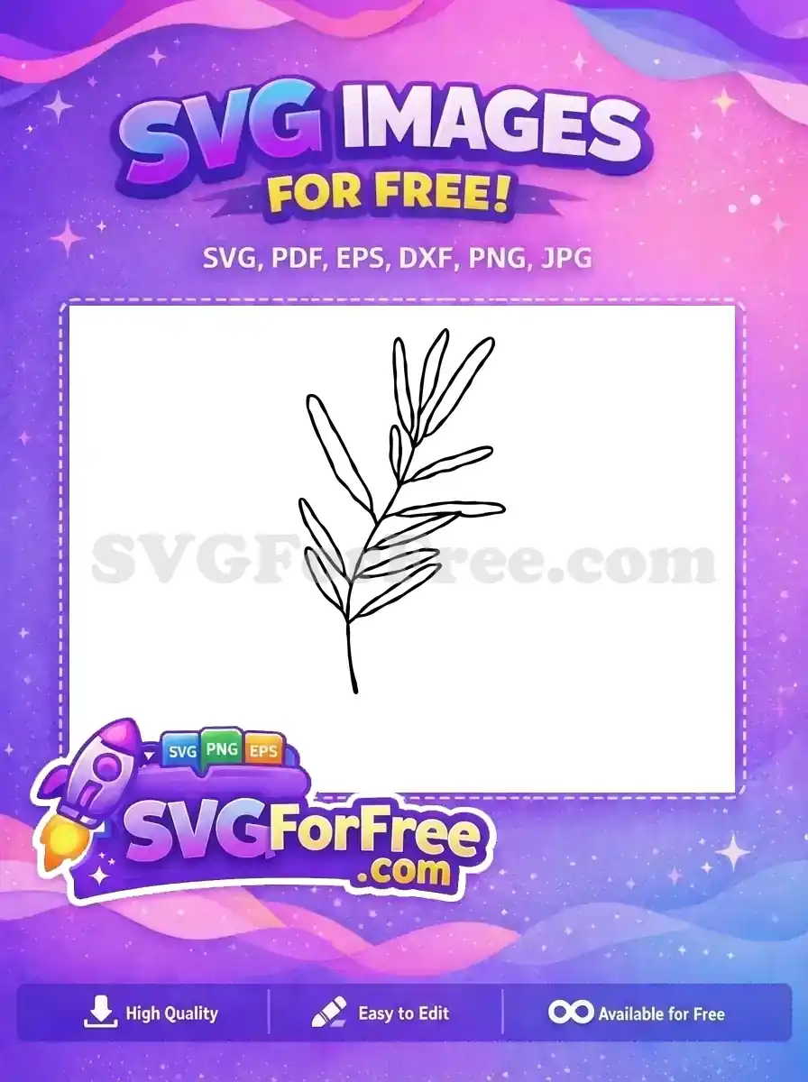 A minimalist free botanical line art drawing of a leafy branch, offering a versatile free design for various creative projects. Download this free SVG!