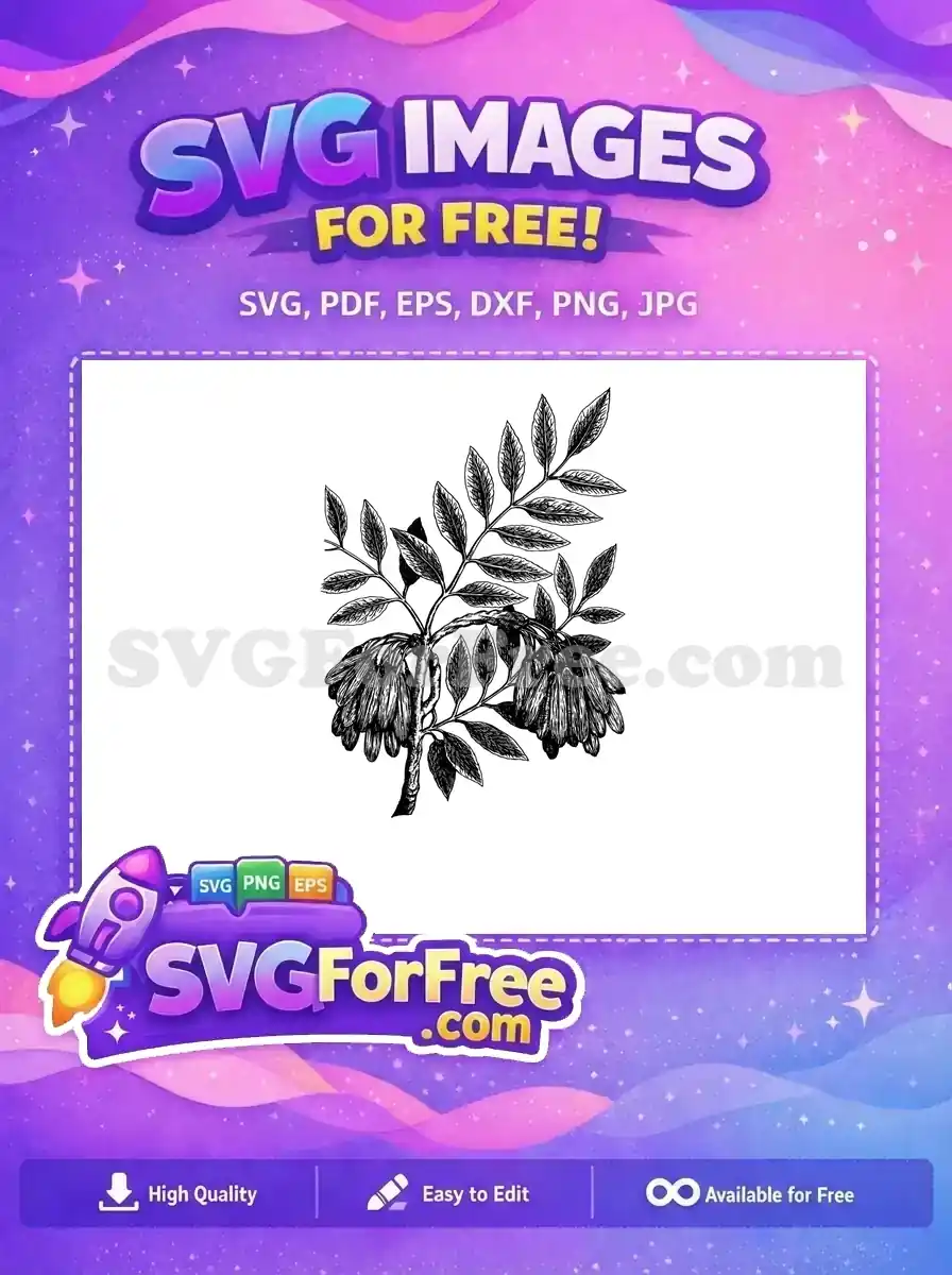 A free botanical SVG showcasing a detailed branch with leaves and unique seed pods in a classic line art style.
