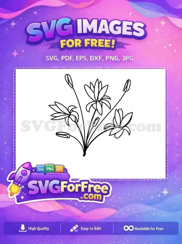 A delightful free design showcasing a minimalist line art illustration of a cheerful flower bouquet with blooming petals and closed buds.
