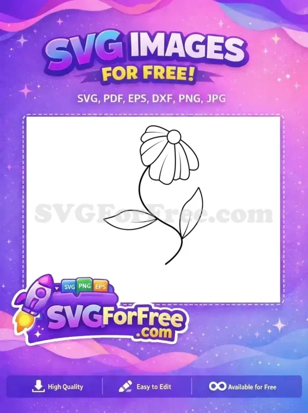 A free simple flower outline with petals, a central circle, a curved stem, and two leaves. Ready for your free craft projects.
