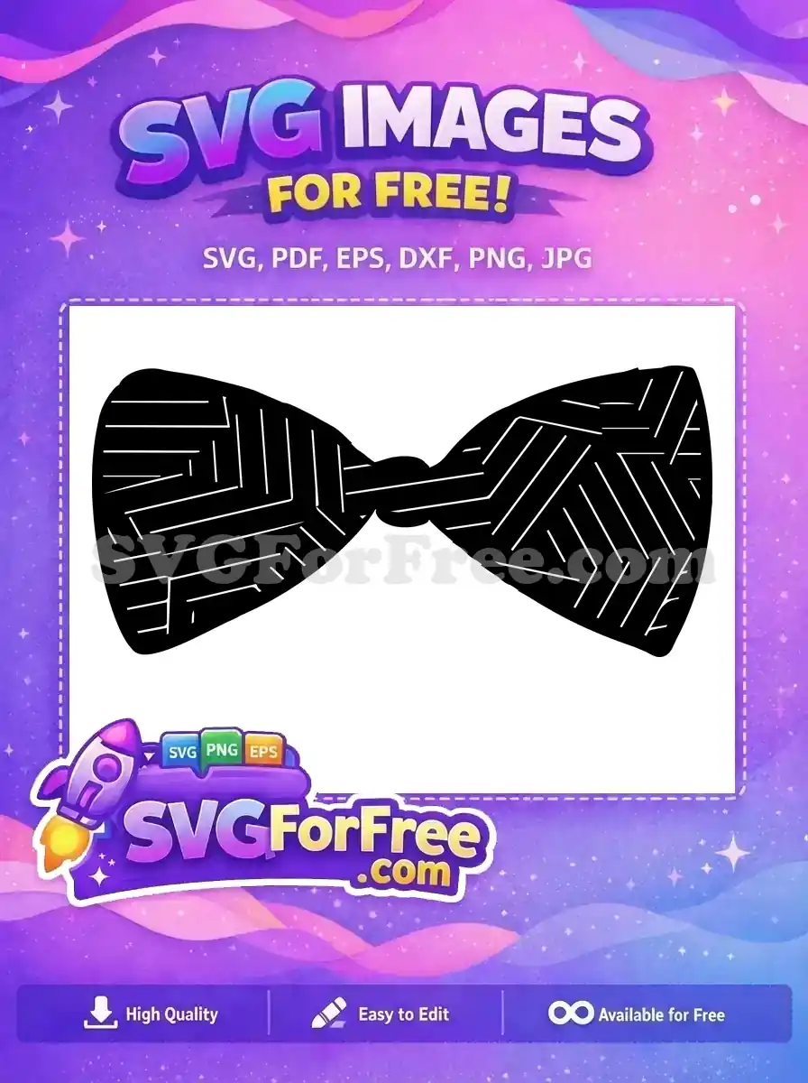A free SVG of a chic black bow tie featuring a unique, abstract pattern of white lines. Download this versatile free design now!
