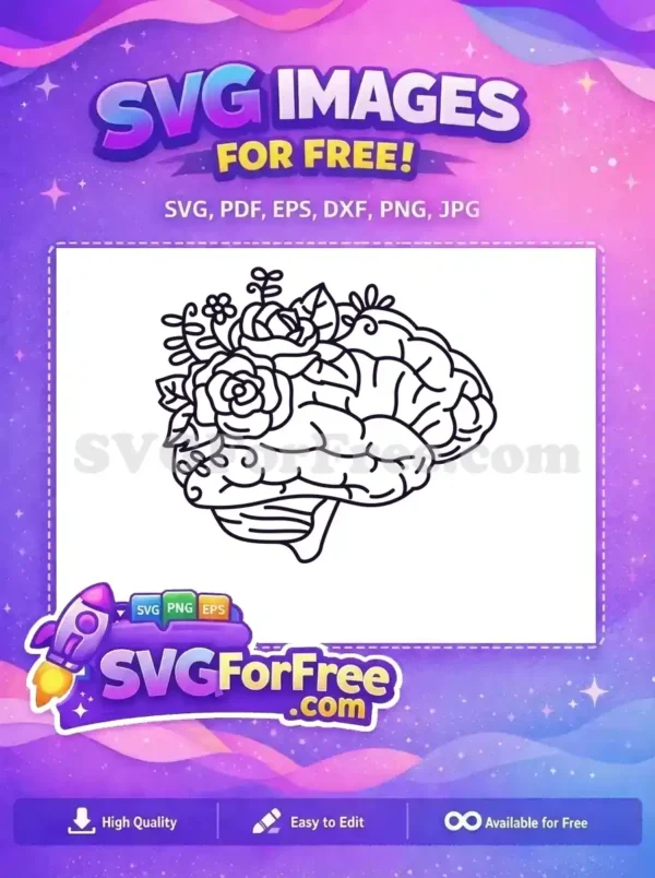 A unique free design featuring a human brain intertwined with delicate floral elements like roses and leaves, perfect for free creative use.