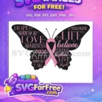 Free Pink Hope Words Butterfly Free Awareness Ribbon Breast Cancer Free SVG - Instant Download