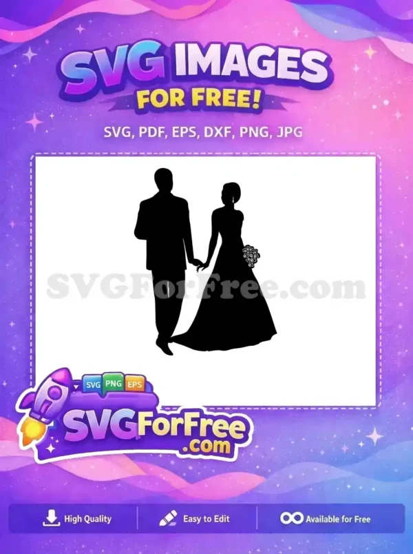 A free SVG silhouette of a bride and groom holding hands, ideal for wedding crafts and designs. Elegant free couple vector.