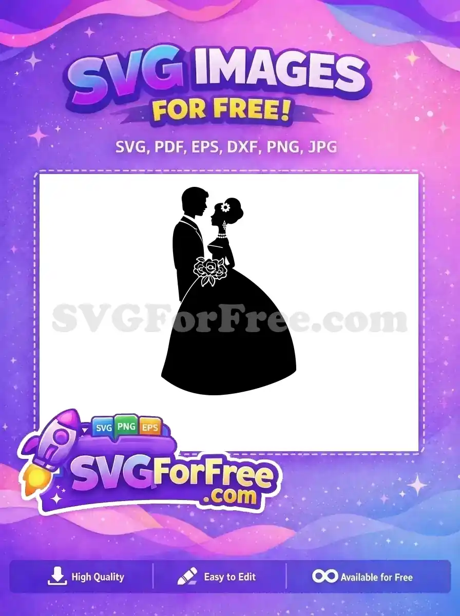 An elegant free SVG silhouette of a bride and groom, gazing lovingly, ideal for wedding crafts and timeless designs. Download this free romantic vector now!