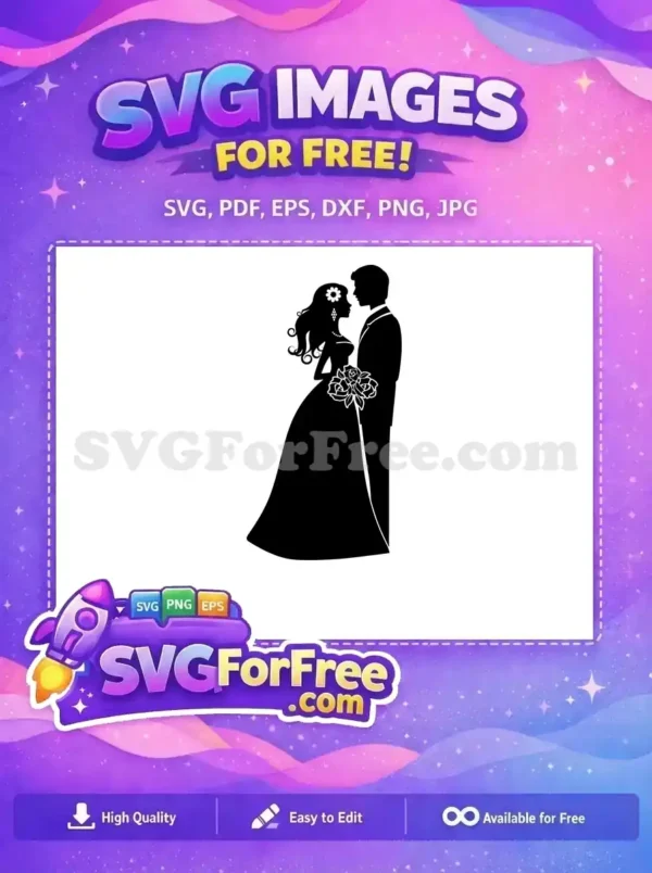 A beautiful free design of a wedding couple silhouette, bride and groom facing each other, holding a rose bouquet. Ideal free vector art for romantic crafts.