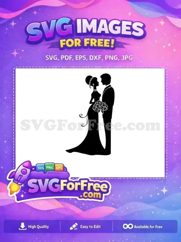 Free Wedding Couple Silhouette SVG Design – Romantic Elegance Elegant free SVG silhouette of a wedding couple gazing at each other, bride holding a bouquet of roses. Ideal for romantic projects.