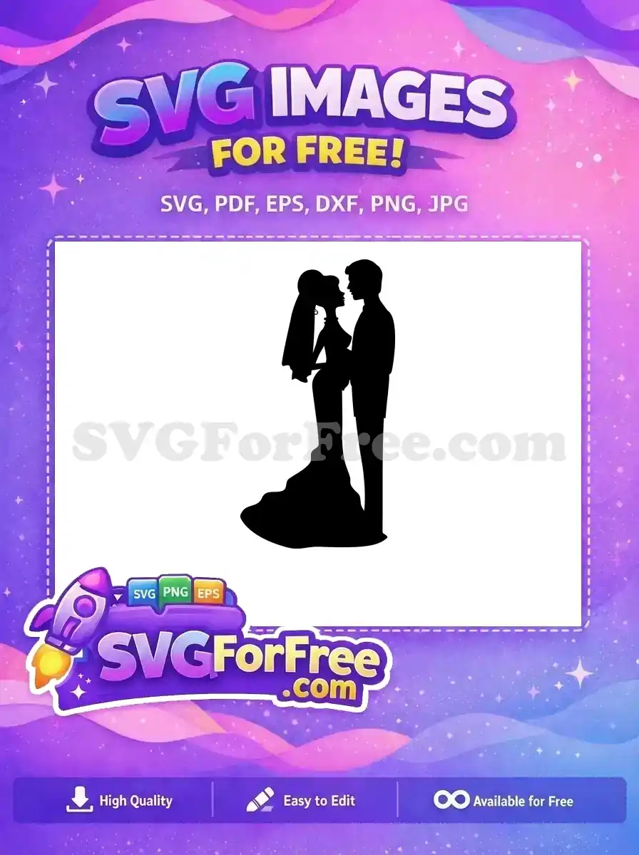 A romantic free design of a bride and groom silhouette, gazing lovingly. Ideal free SVG for invitations and decor.