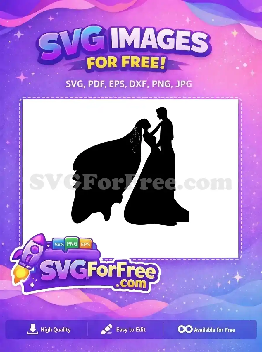 Beautiful free wedding couple silhouette SVG, perfect for romantic designs. Download this free vector art now!