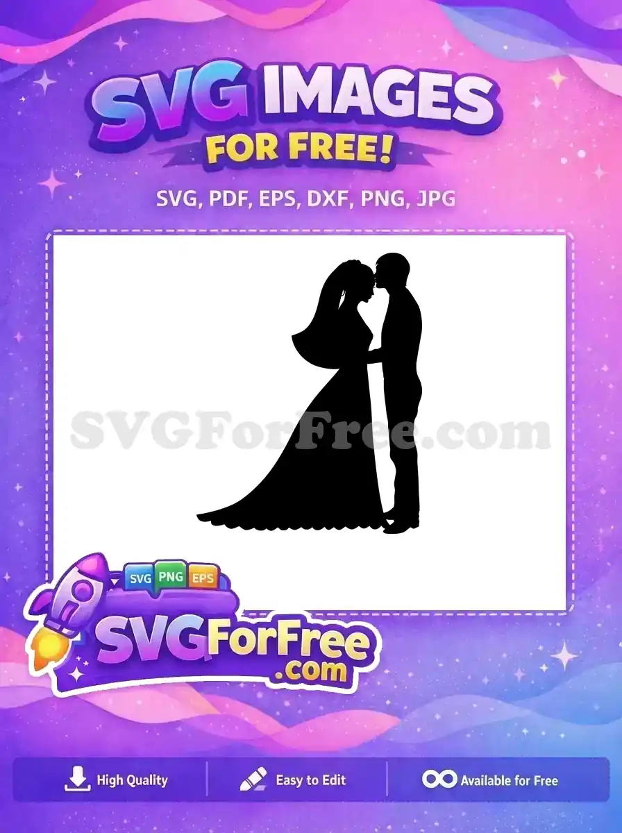 A free design showing a silhouette of a groom tenderly kissing his bride's forehead, her veil flowing gracefully. Ideal for free wedding projects.