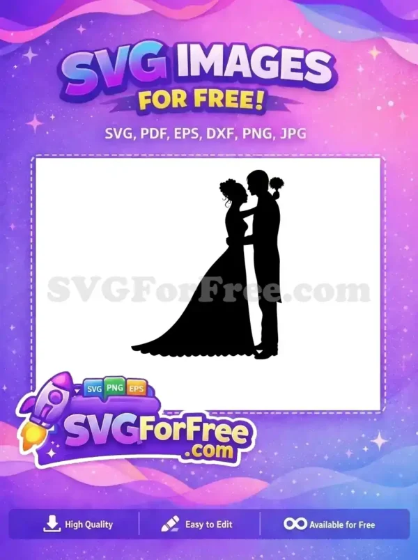 Graceful free wedding couple silhouette, embracing tenderly. Ideal for invitations, decor, and crafts, enhancing romantic projects.