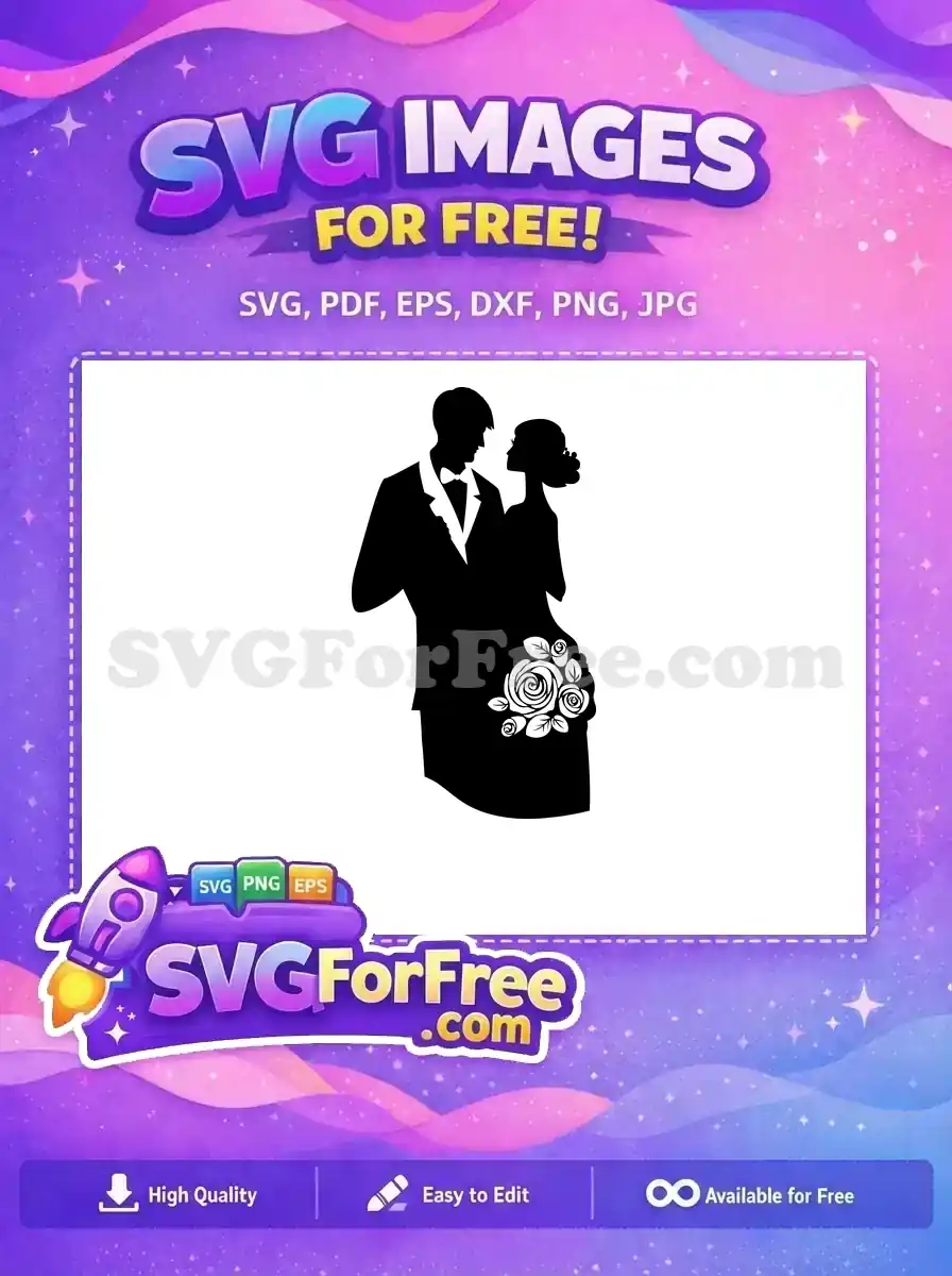 A free silhouette SVG of a graceful wedding couple, perfect for invitations and romantic designs. Get this free vector now!