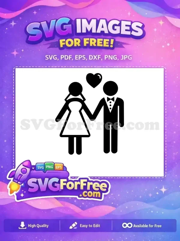 A free SVG icon of a wedding couple, bride and groom, holding hands with a heart above. A lovely free design for any project.