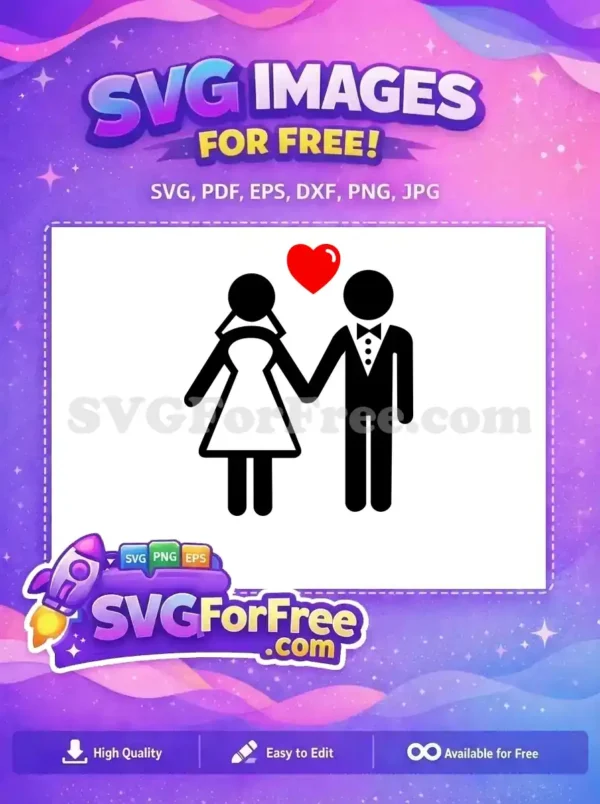 A free minimalist SVG icon of a wedding couple, featuring a bride and groom holding hands with a red heart above. This free design is versatile.