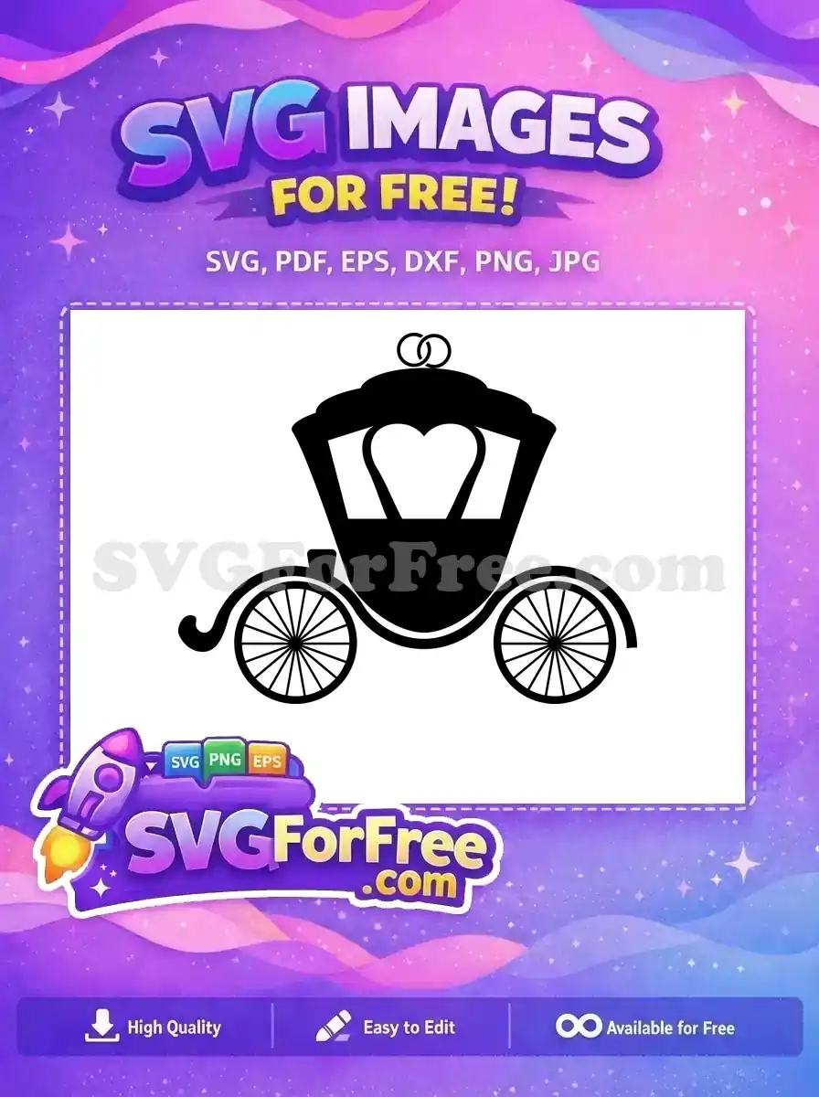 A stunning free SVG silhouette of a classic wedding carriage, featuring interlocking rings and a heart. Perfect free design for elegant romantic themes.