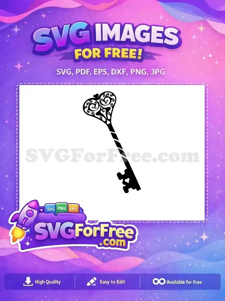 Discover this free ornate heart-shaped key SVG, showcasing intricate swirls and a romantic aesthetic. Ideal for unique free craft projects.
