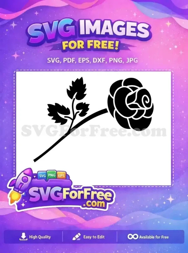A free elegant black silhouette of a blooming rose with leaves and stem, ideal for craft projects. Download this free floral design today!