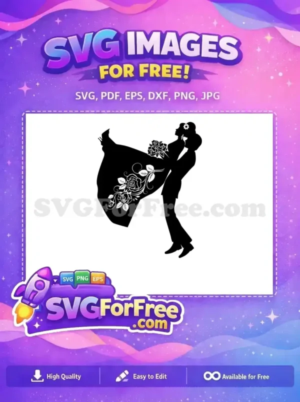 Free wedding couple silhouette SVG, groom lifting bride with floral dress details. Ideal for romantic projects and crafts.