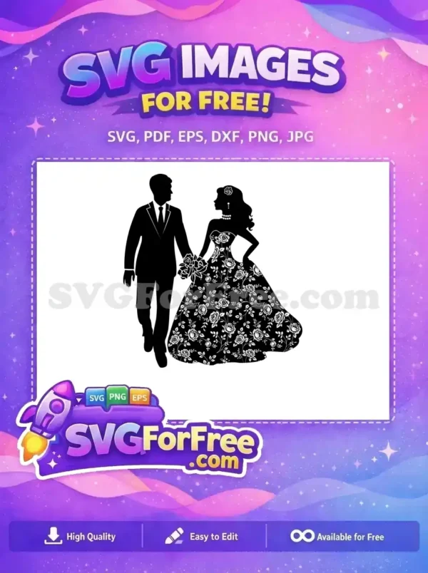 A free elegant silhouette of a bride and groom, with the bride in a floral gown and groom in a suit. Perfect free design for wedding themes.