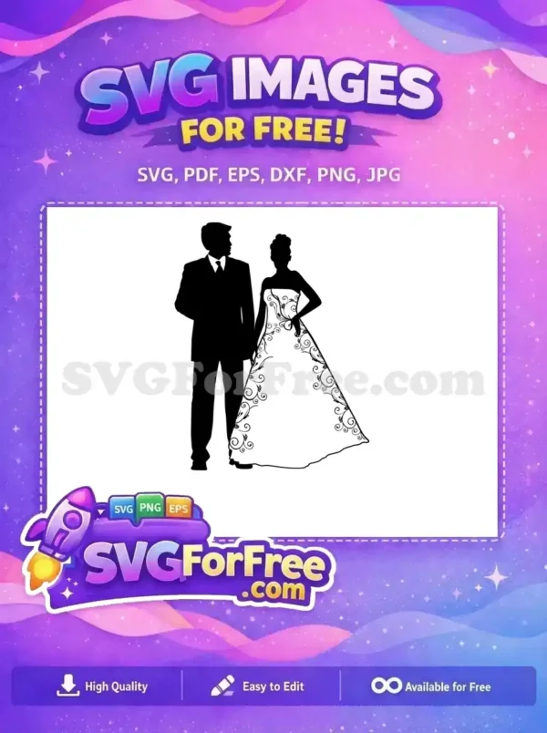 A free elegant silhouette of a wedding couple, groom in a suit and bride in a scrollwork gown. Perfect free design for wedding crafts.