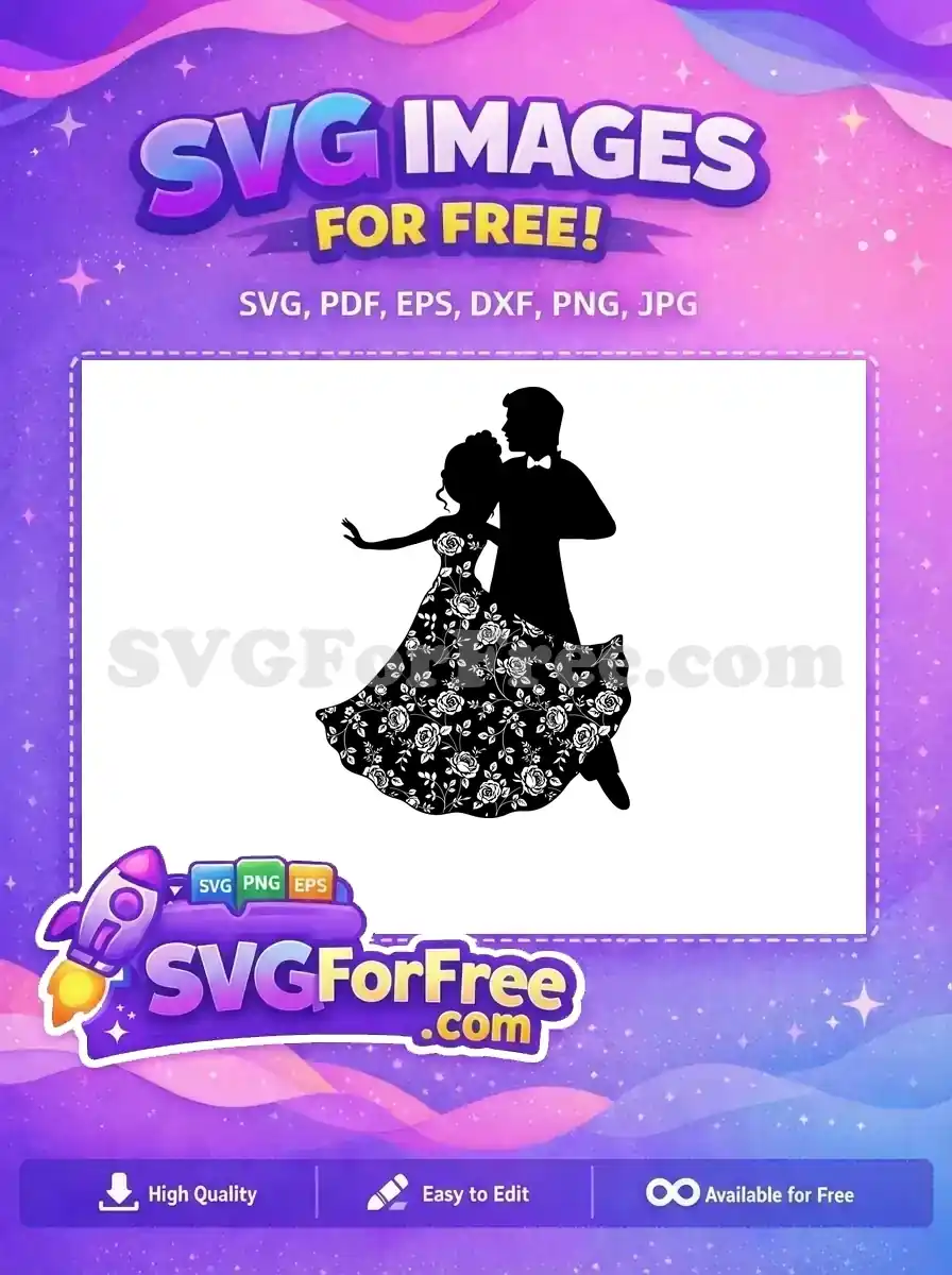 Experience the elegance of this free dancing couple SVG, featuring a detailed rose dress pattern for all your creative projects.