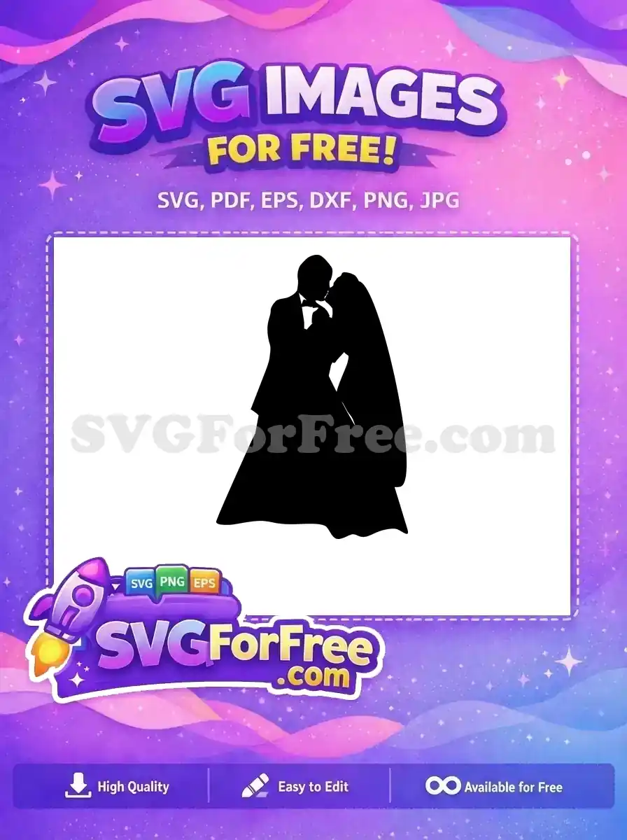 A free SVG silhouette of a romantic bride and groom kissing, ideal for wedding invitations. Download this free design now!