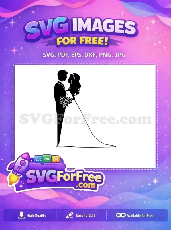 Elegant free wedding couple silhouette, bride and groom gazing lovingly, perfect for romantic designs and crafts.